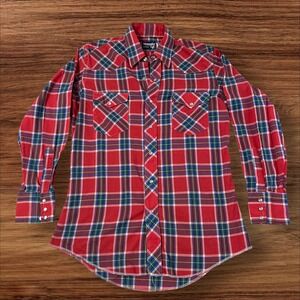 Vintage Wrangler Cowboy Cut Plaid Western Shirt Long Sleeve Mens 15.5x32 Red USA